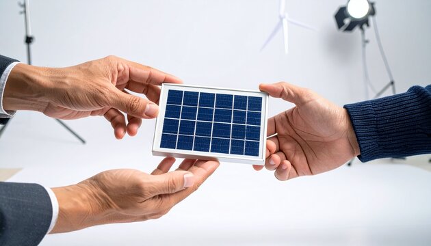 Two hands exchanging a small solar panel with a windmill in the background, symbolizing renewable energy and sustainability