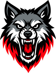 Fierce snarling wolf head mascot logo vector illustration. Aggressive wild animal emblem for sports team or gaming clan © ANJITSYA
