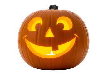 Spooky glowing jack-o'-lantern carved pumpkin with happy face halloween decoration transparent background