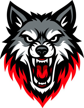 Fierce snarling wolf head mascot logo vector illustration. Aggressive wild animal emblem for sports team or gaming clan