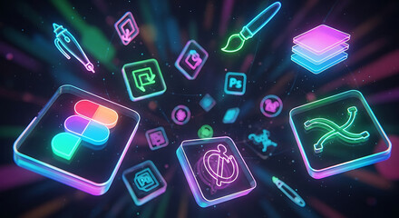 Collection of popular design software icons glowing with neon lights