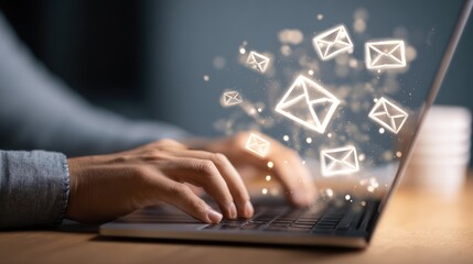 Person types on a laptop with glowing envelope icons floating