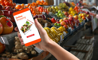 Food delivery. Man using mobile phone app to order grocery online, closeup