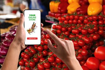 Food delivery. Man using mobile phone app to order grocery online, closeup