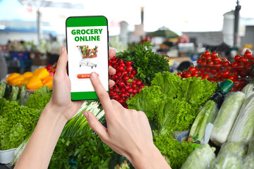 Food delivery. Man using mobile phone app to order grocery online, closeup