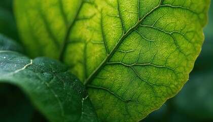 Macro view of green leaf veins showing intricate fractal pattern. Natural symmetry and detail of plant life. Organic texture, complex cellular structure visible.