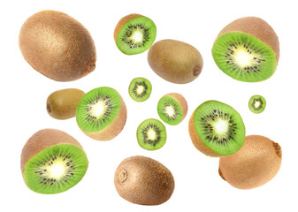 Fototapeta premium Tasty fresh kiwi fruits swirling in air against white background