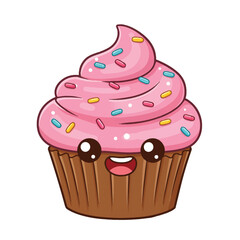 A cute kawaii cartoon cupcake with a happy smiling face pink frosting and colorful sprinkles.
