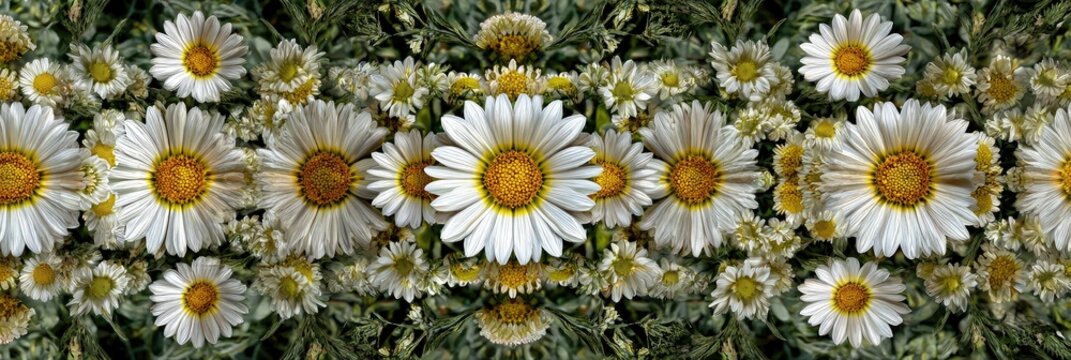 Symmetrical daisy pattern, many white daisies with yellow centers, detailed close-up