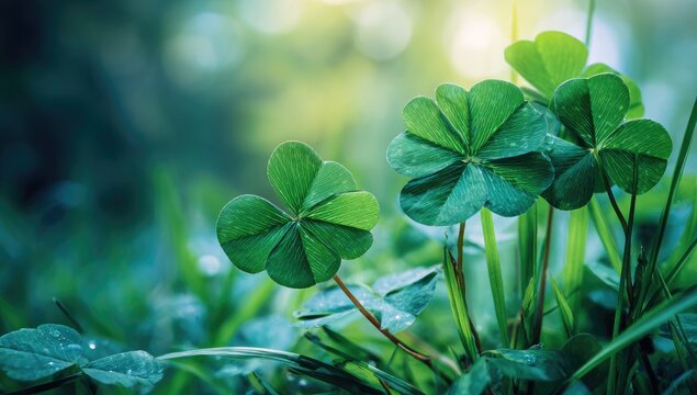 Four-leaf clover close-up. Lush greenery