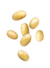 Fresh raw potatoes falling on white background