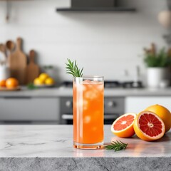Grapefruit juice in a glass with rosemary sprig garnish, modern kitchen counter