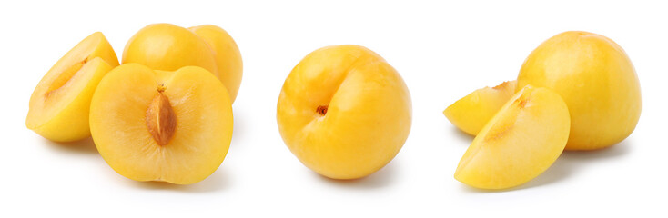 Fresh ripe cherry plums isolated on white, set