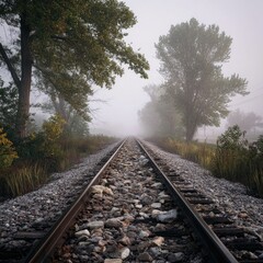 Fototapeta premium Foggy train tracks through a rural landscape. Misty morning. Tall trees flank the tracks. Gravel bed. Tranquil scene