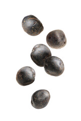 Fresh purple potatoes falling on white background