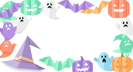 Playful Halloween papercraft frame featuring pastel origami ghosts, pumpkins, bats, and a witchs hat, creating a cute and whimsical border on a white background.