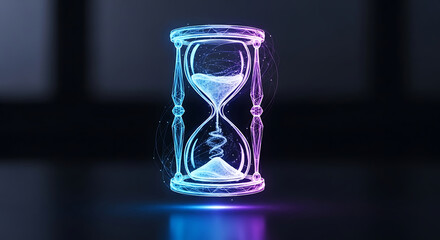 Digital hourglass with glowing particles symbolizing the passage of time
