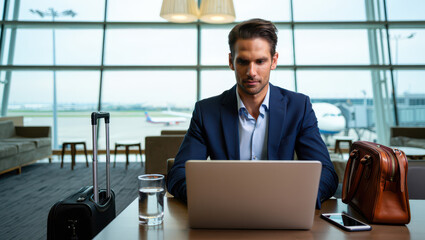 Stylish businessman working on laptop at airport lounge before flight, catching up on emails and preparing presentation in a modern setting with travel suitcase and leather bag