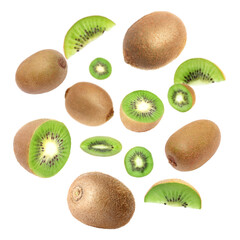 Tasty fresh kiwi fruits swirling in air against white background