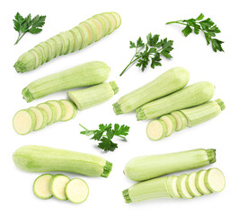 Fresh ripe zucchini with parsley isolated on white, collage