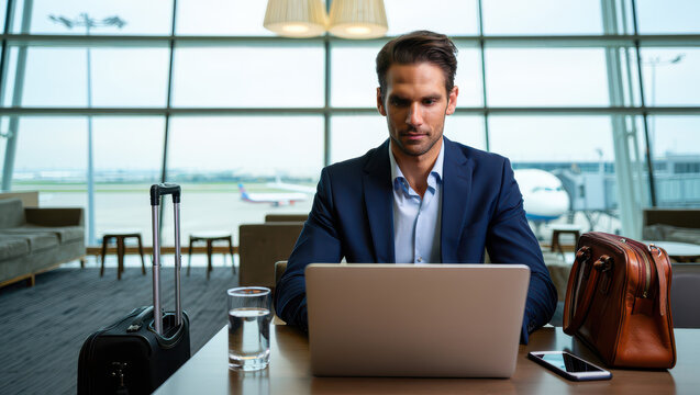 Stylish businessman working on laptop at airport lounge before flight, catching up on emails and preparing presentation in a modern setting with travel suitcase and leather bag