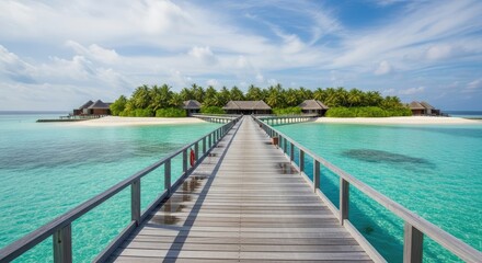 Obraz premium A tropical island resort with a wooden bridge leading to the shore.