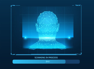 Biometric technology digital face scanning in process, facial recognition system, vector blue polygonal identification
