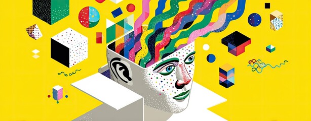 Colorful abstract head with geometric shapes and swirling elements