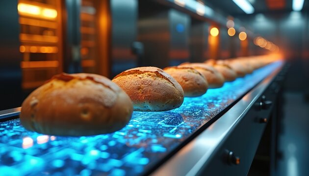 Modern bakery automation features freshly baked bread on high-tech conveyor belt with futuristic digital effects. Orange glowing ovens in background. Loaves move along blue illuminated processing - Powered by Adobe