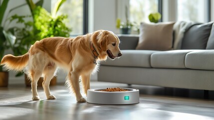 Golden retriever anticipating meal from smart pet feeder in sunlit modern home with plants and wooden flooring