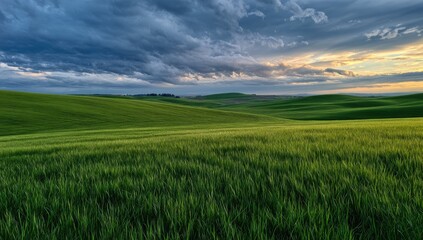 Obraz premium Vast, rolling green fields under a dramatic sky
