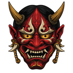 A fierce red Japanese Oni demon mask with sharp fangs golden horns and glowing yellow eyes.