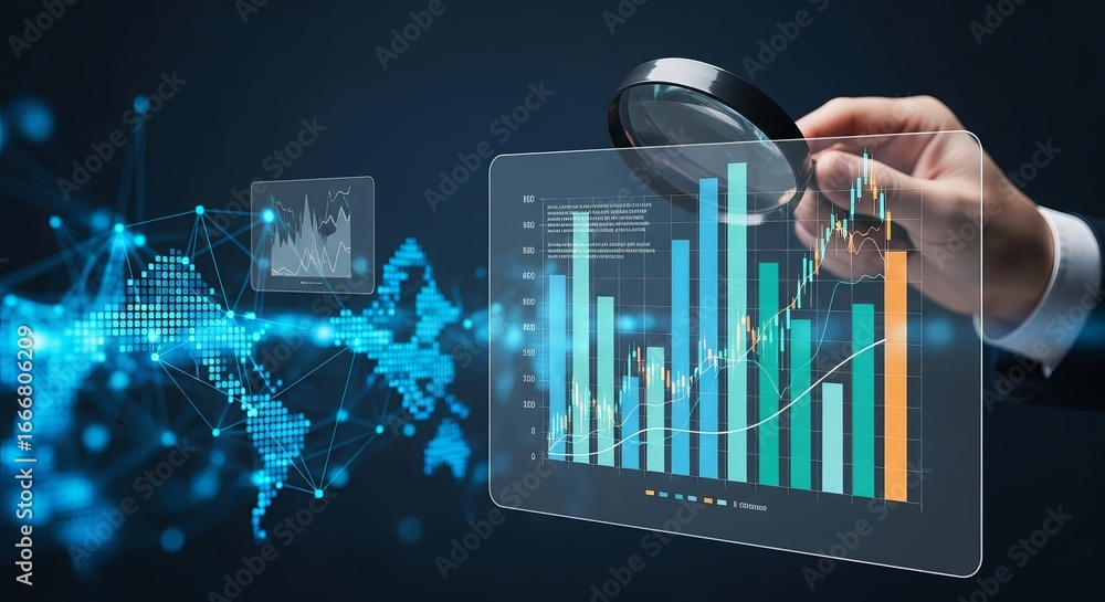 Poster businessman examining financial data charts with a magnifying glass, with a digital world map and ne