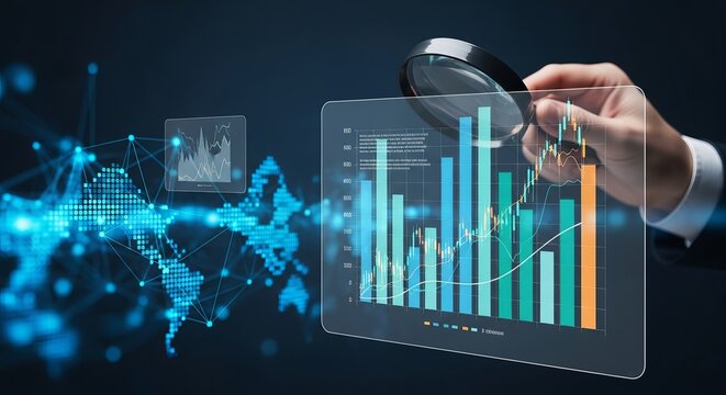 Businessman examining financial data charts with a magnifying glass, with a digital world map and network connections in the background
