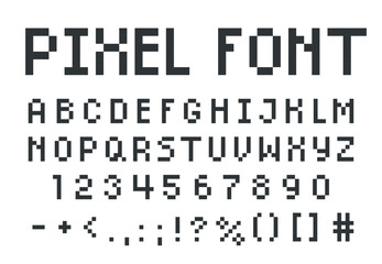 English alphabet pixel art, 8 bit uppercase letters, numbers and punctuation marks, vector font, typographic symbols