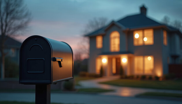Black metal mailbox sits curbside before a blurred suburban home at dusk. The modern residence glows with warm interior lights, suggesting a welcoming atmosphere for mail delivery and package receipt.