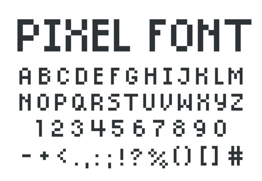 English alphabet pixel art, 8 bit uppercase letters, numbers and punctuation marks, vector font, typographic symbols