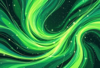 Swirling, luminous green nebula with bright stars on a dark background, resembling cosmic energy or celestial fluid