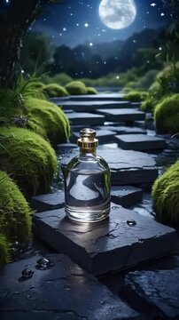 Glass cosmetic elixir bottle placed on stones with flowing water under full moon night landscape. Elegant wellness and beauty concept.