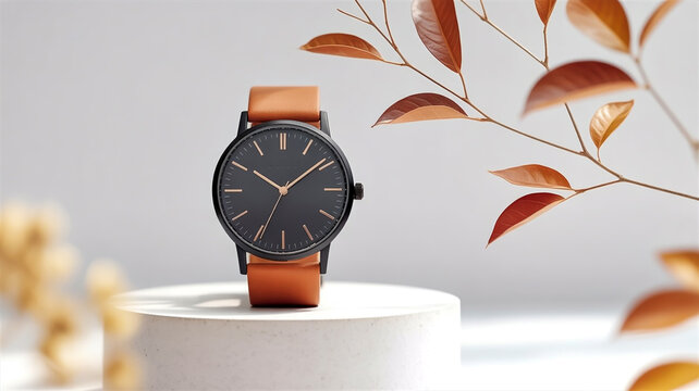 minimalist product photography of a black analog watch with a tan leather strap positioned on a white cylindrical pedestal against a light gray background