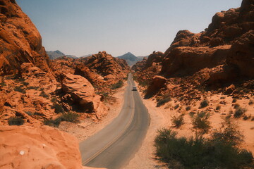 Nevada desert landscape with scenic road and red rocks - horizontal landscape orientation