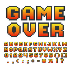 English alphabet pixel art, bitmap 8 bit letters, numbers and punctuation marks, vector pixel font, typographic symbols