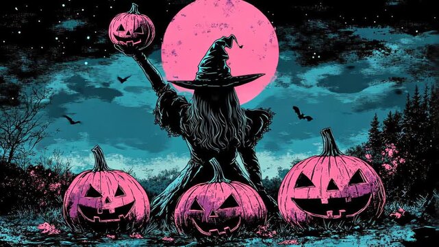 Spooky halloween witch in moonlit landscape with glowing pumpkins and flying bats