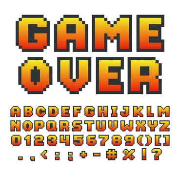 English alphabet pixel art, bitmap 8 bit letters, numbers and punctuation marks, vector pixel font, typographic symbols