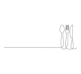 Continuous Single Line Drawing of spoon, fork and knife, Minimalist Monoline Cutlery Illustration, Simple Contour Vector of Kitchen Utensils on White Background for Dining, Cafe and Restaurant Design