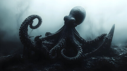 Octopus in dark ocean waters mysterious scene