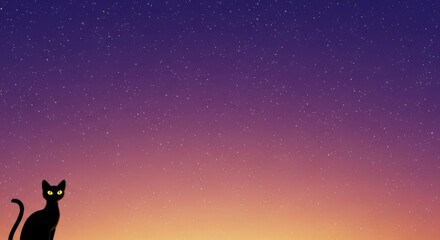 Enigmatic Black Cat with Glowing Eyes Silhouetted Against a Vibrant Twilight Gradient.