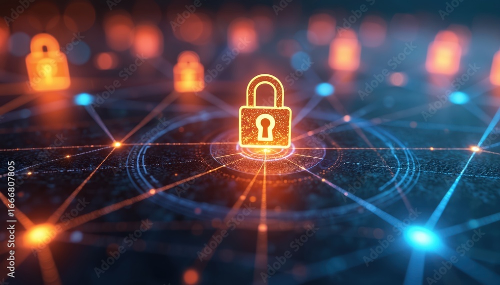 Poster digital network security with glowing interconnected nodes, lock symbols representing online protect