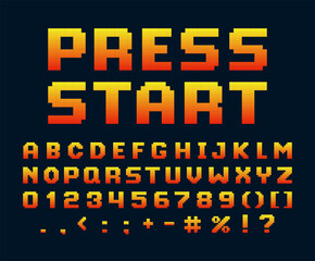 English alphabet pixel font, 8 bit letters, numbers and punctuation marks, PRESS START text, vector typographic symbols