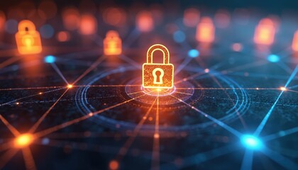 Digital network security with glowing interconnected nodes, lock symbols representing online protection. Vibrant graphic illustrates cyberspace defense, data integrity, secure connectivity within